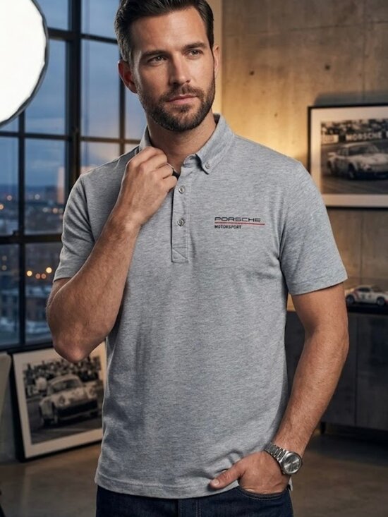 EUC Men's Porsche Motorsports Gray Short Sleeve Button Down Polo Shirt MEDIUM